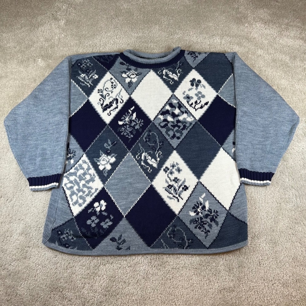 Vintage Dana Scott Roll Neck Sweater Womens Medium Blue Argyle Floral Knit USA